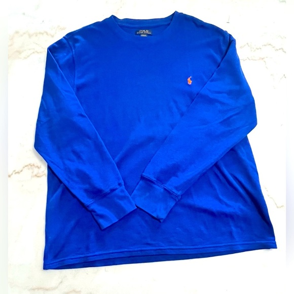 Ralph Lauren Waffle Long Sleeve T-Shirt Royal Blue With Orange Pony Emblem M XL - Picture 1 of 5